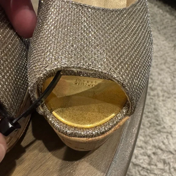 Stuart Weitzman Anna Platinum Noir Wedge Open Toe Women’s - Picture 3 of 6